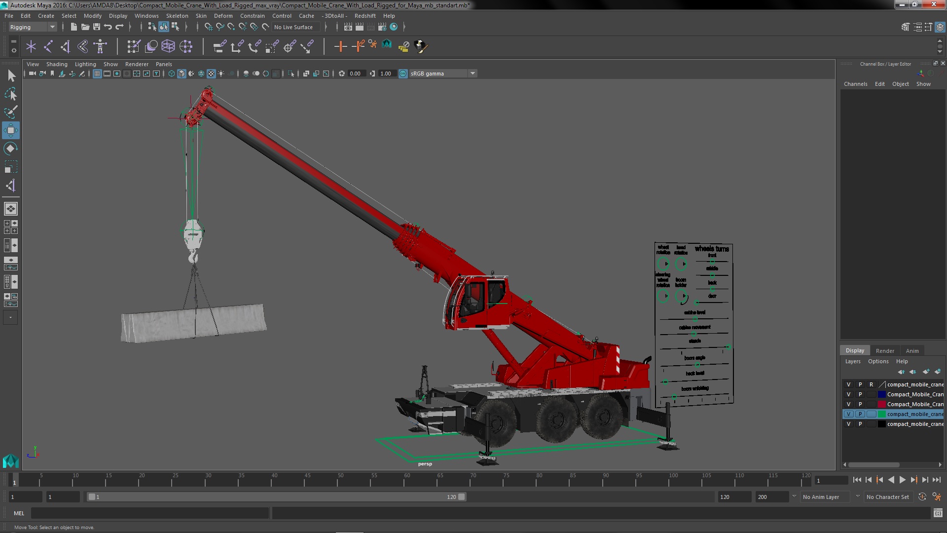 3D Compact Mobile Crane With Load Rigged for Maya