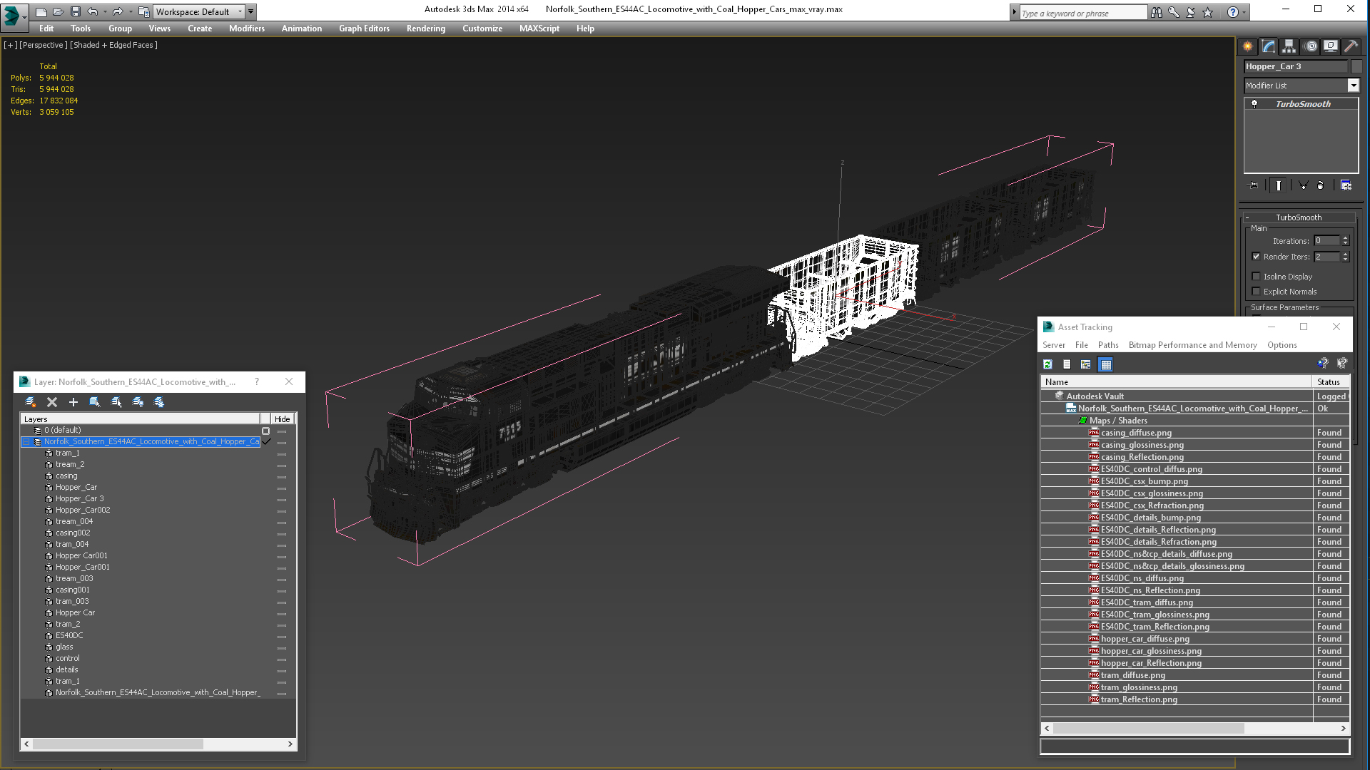 3D Norfolk Southern ES44AC Locomotive with Coal Hopper Cars