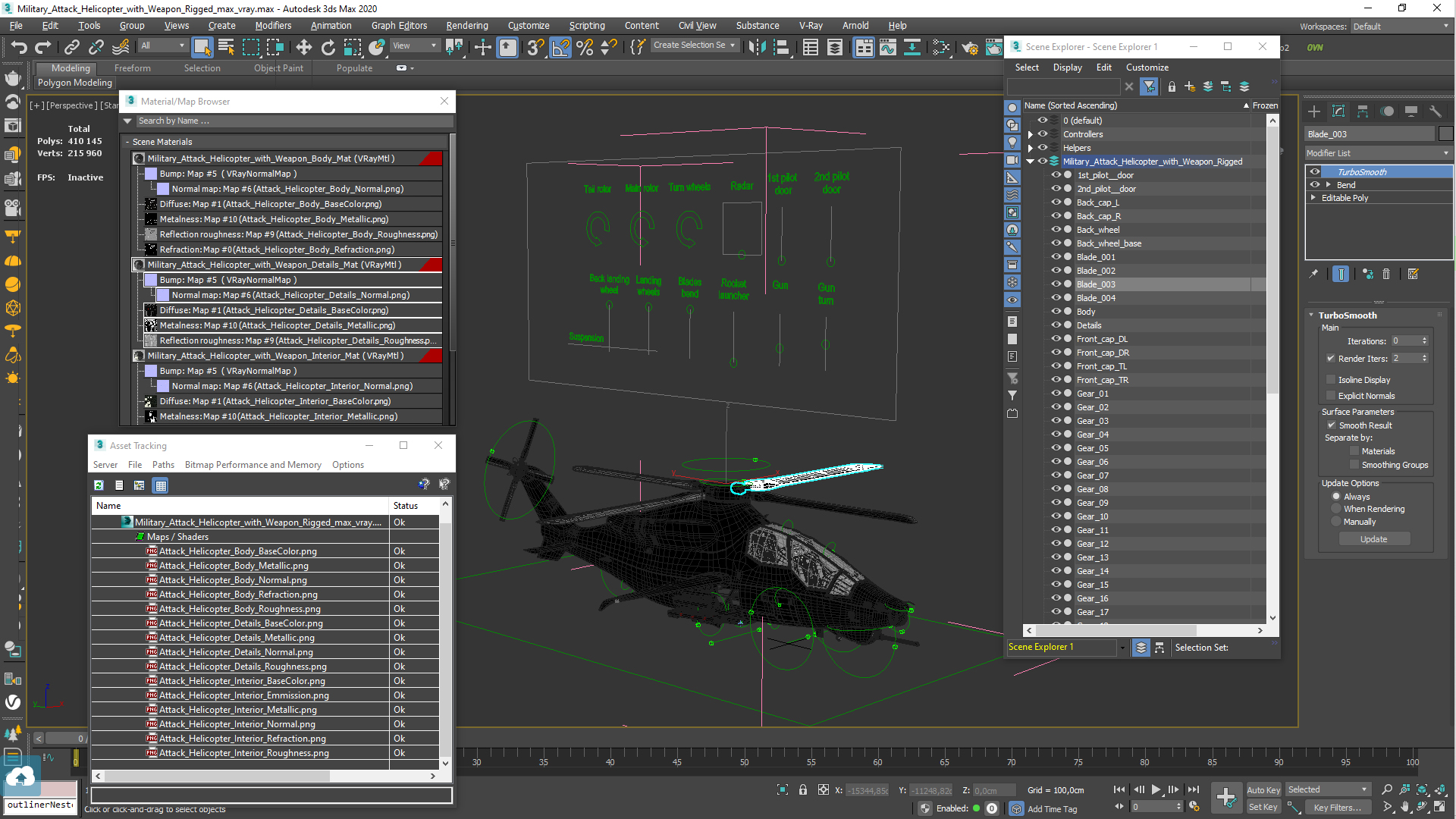 3D model Military Attack Helicopter with Weapon Rigged