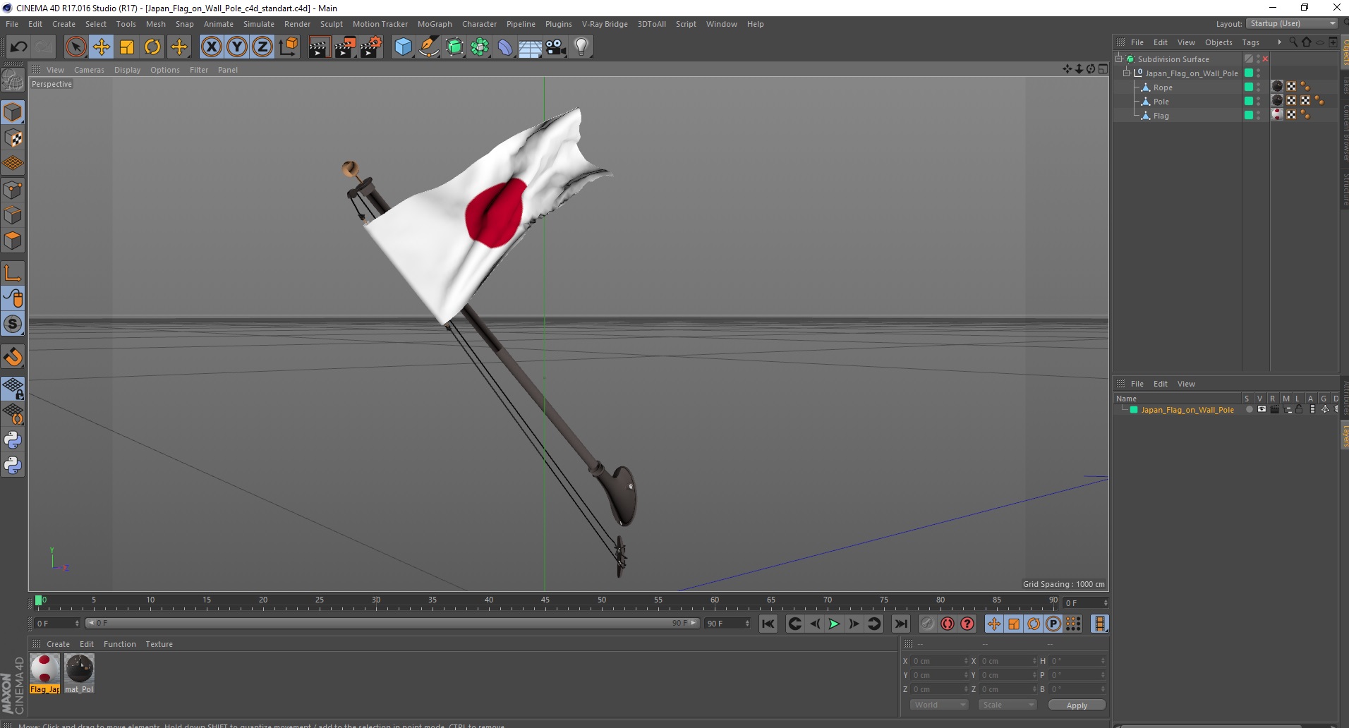 3D Japan Flag on Wall Pole model