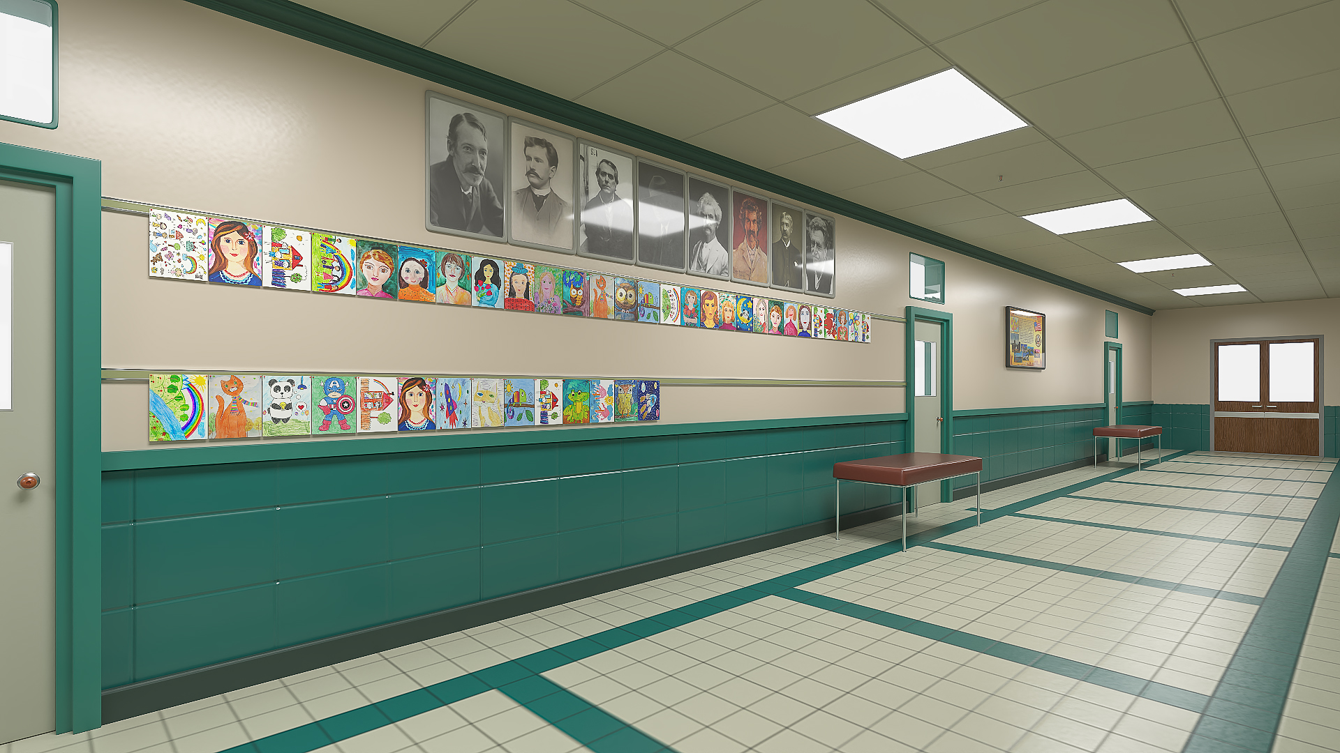 3D School Straight Hallway model