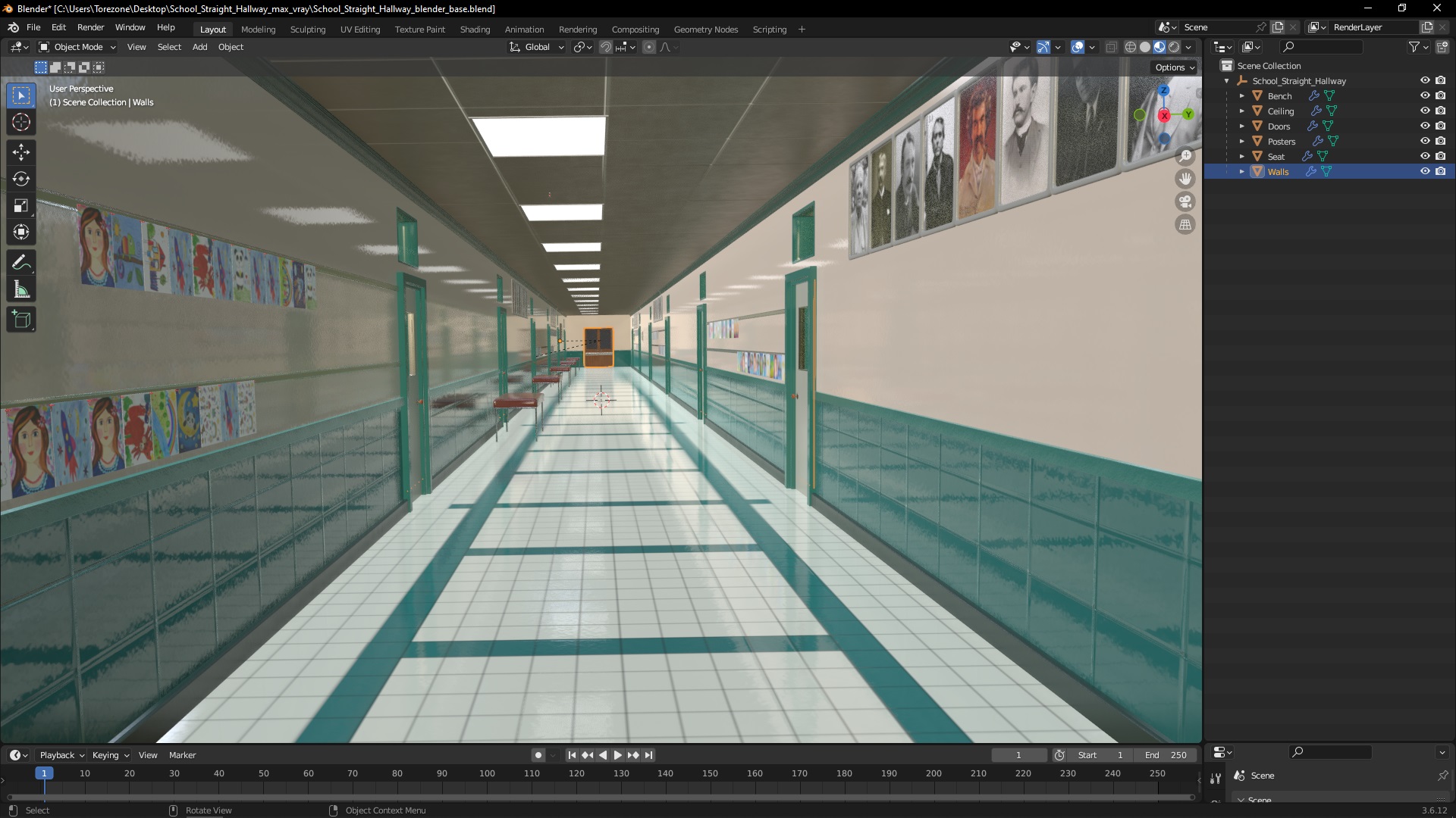 3D School Straight Hallway model