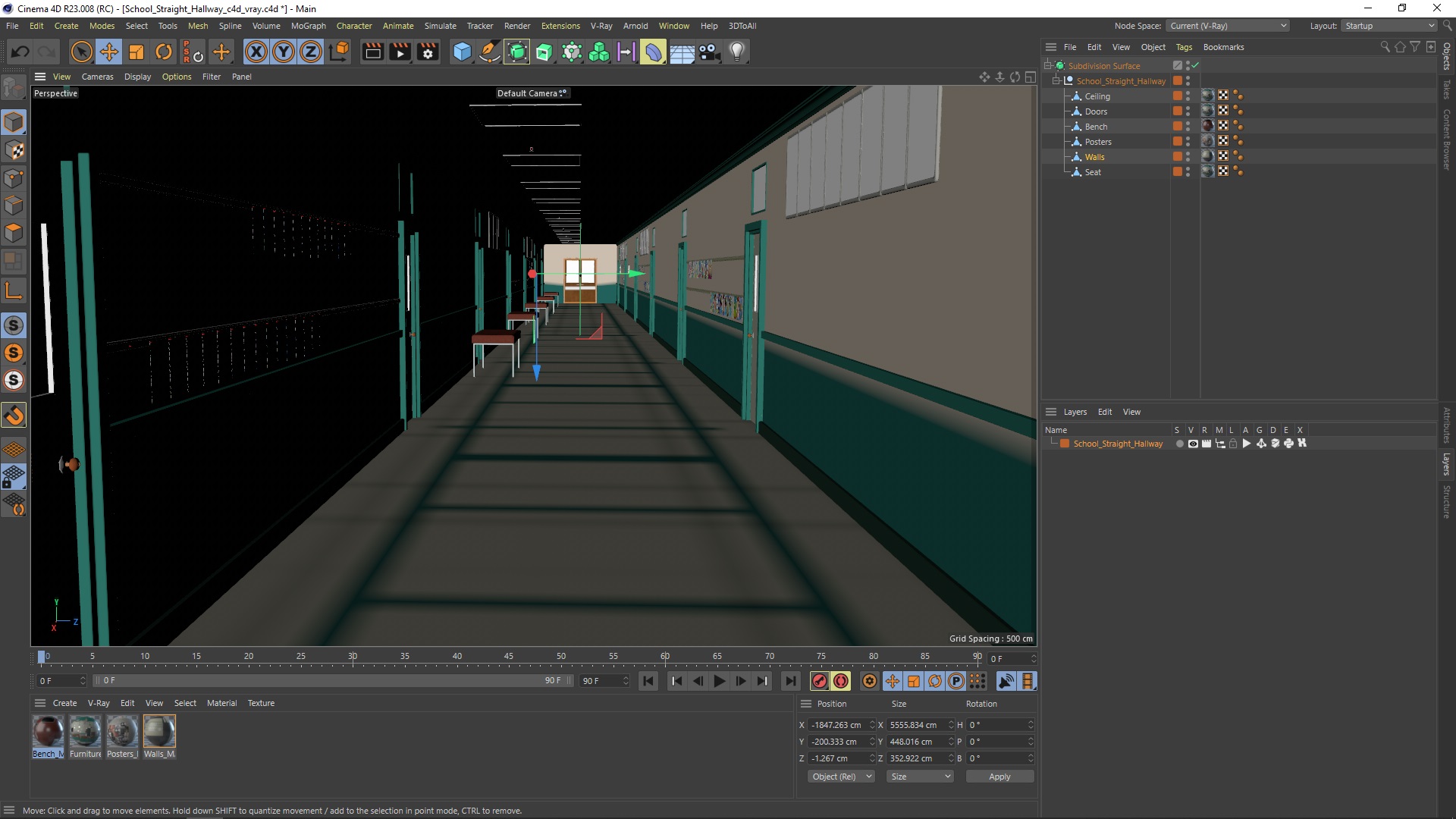 3D School Straight Hallway model