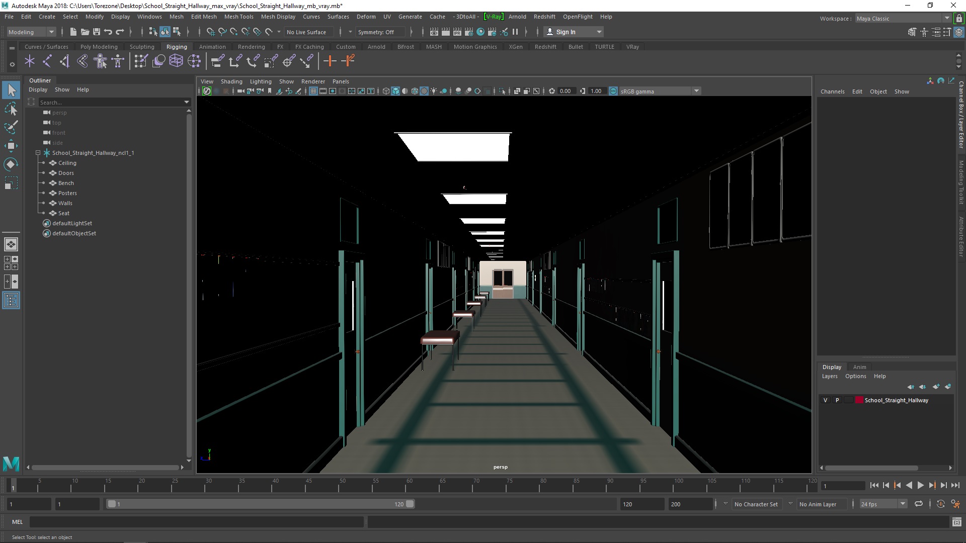 3D School Straight Hallway model