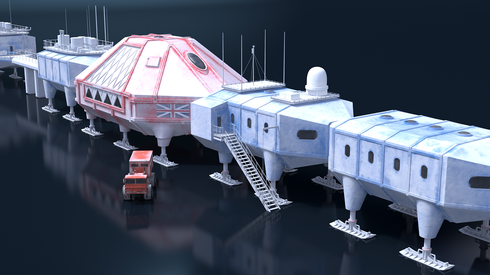 Antarctic Station Halley with Snow Vehicle 3D