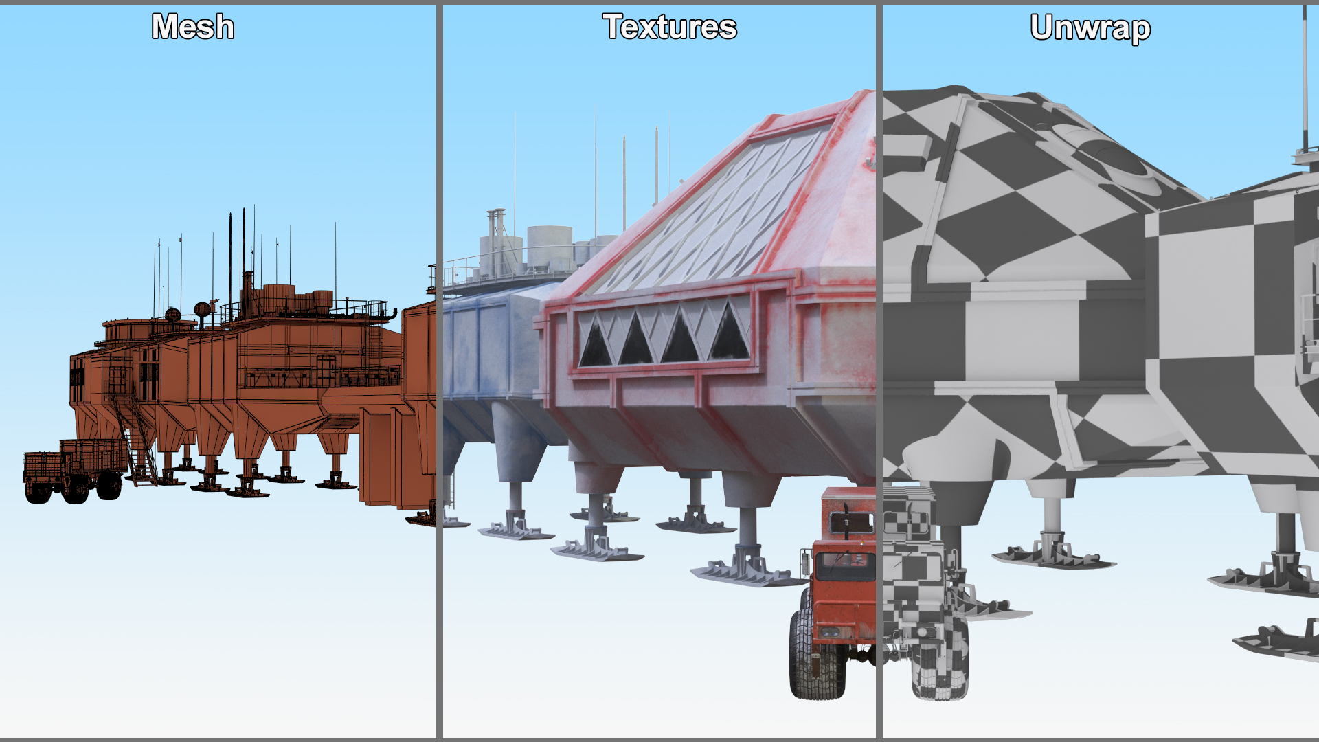 Antarctic Station Halley with Snow Vehicle 3D