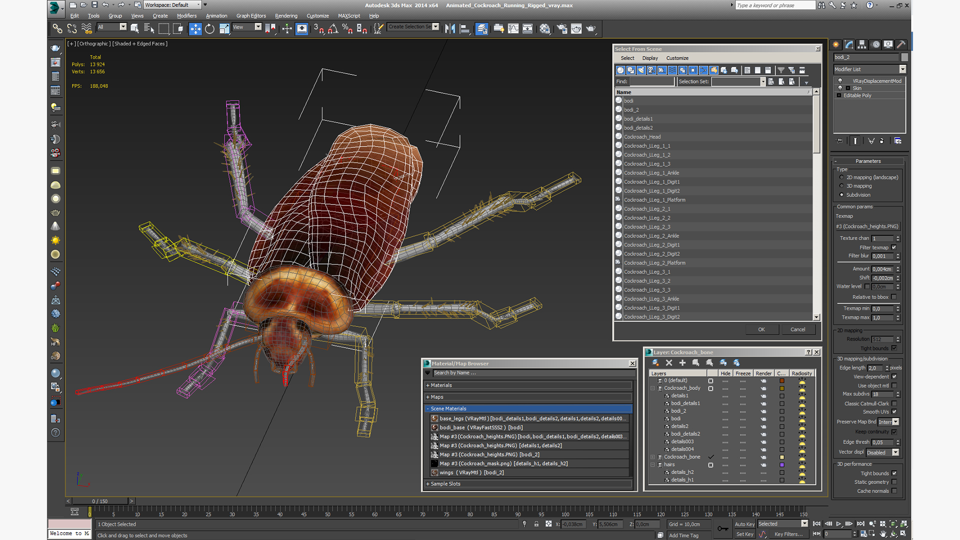 3D Animated Cockroach Running Rigged model