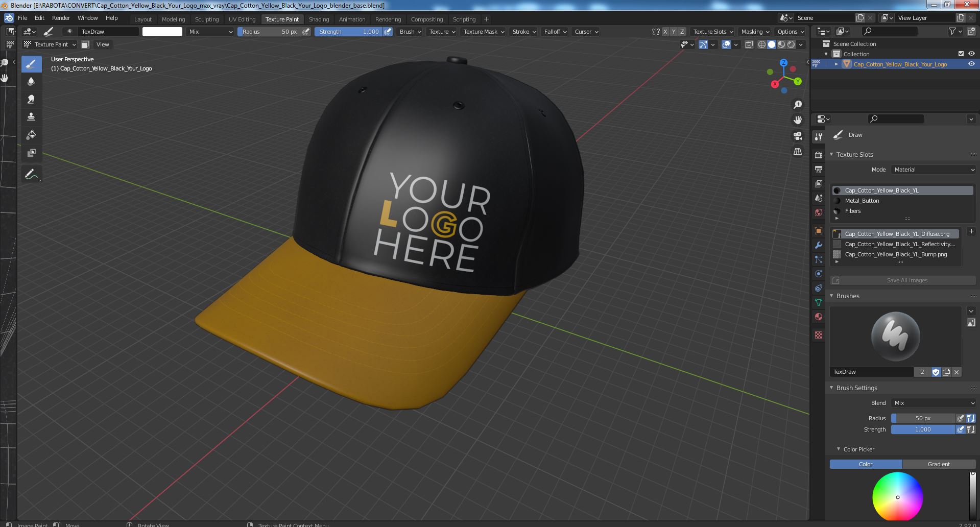 3D Cap Cotton Yellow Black Your Logo model