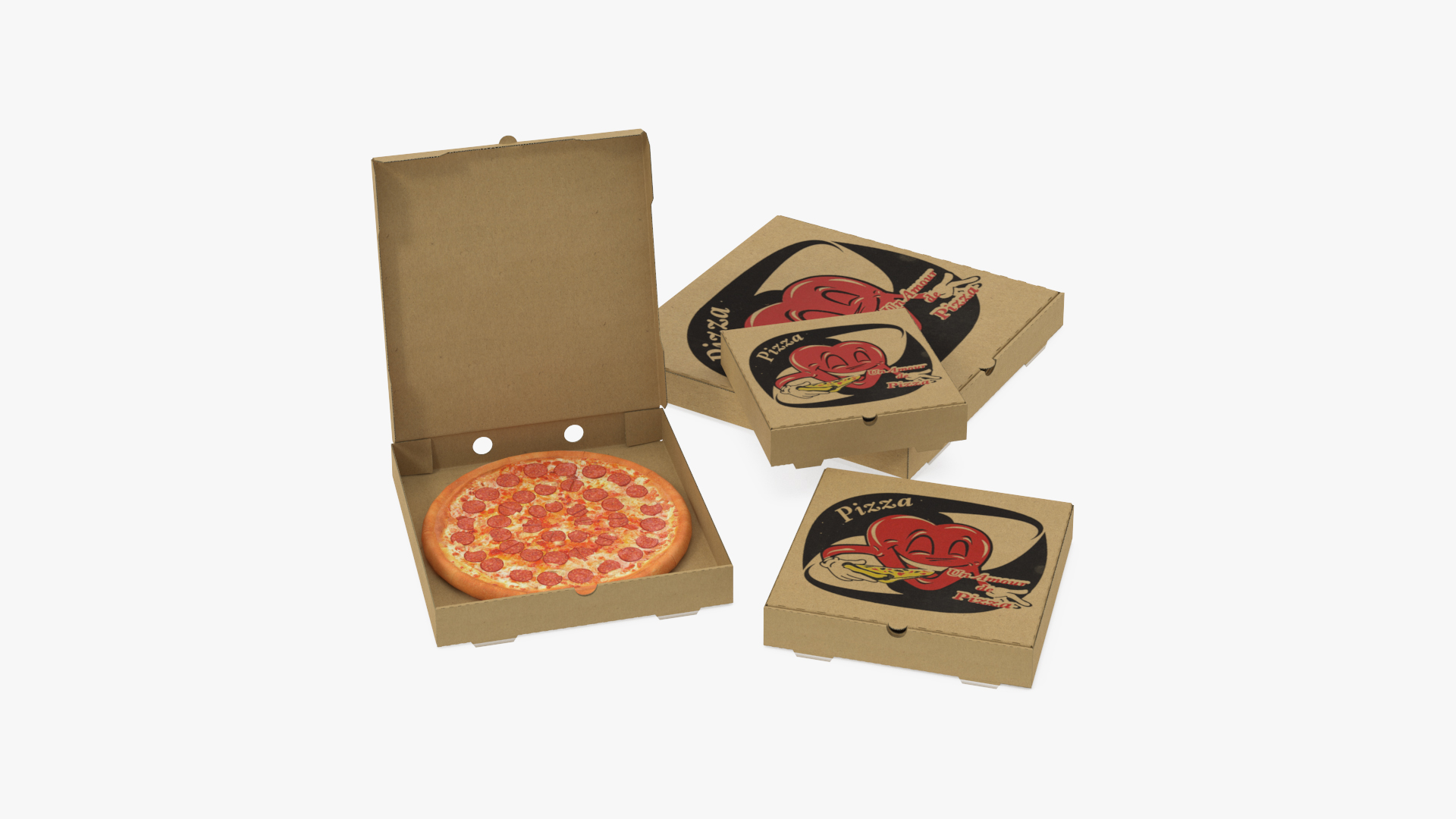 Cardboard Pizza Boxes with Pepperoni Pizza 3D