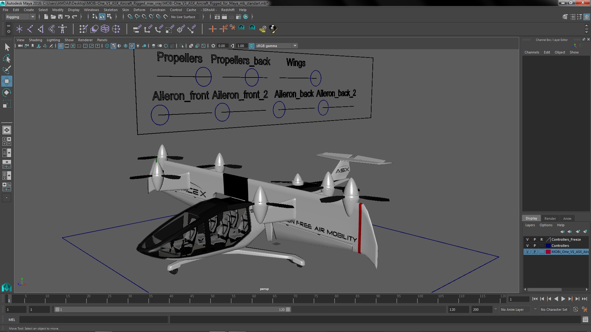 3D model MOBi-One V1 ASX Aircraft Rigged for Maya