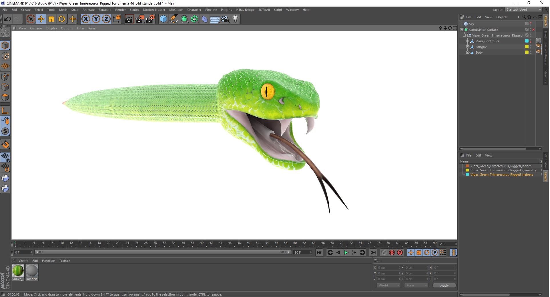 3D model Viper Green Trimeresurus Rigged for Cinema 4D