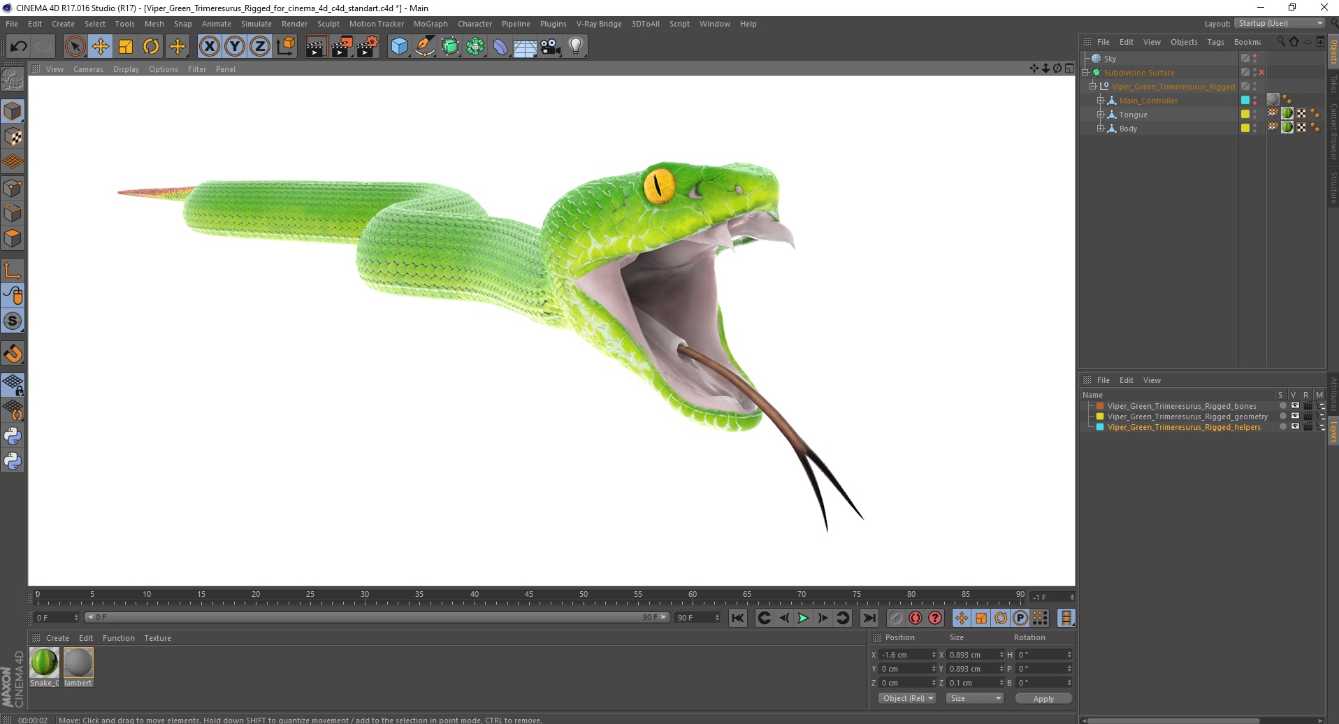 3D model Viper Green Trimeresurus Rigged for Cinema 4D