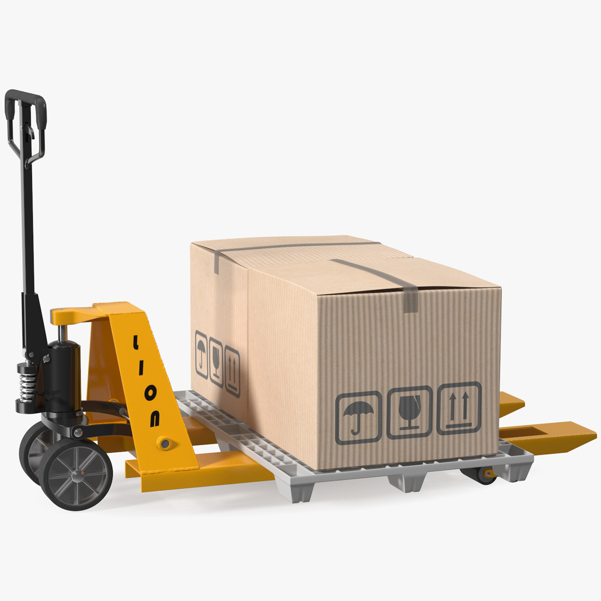 Hand Pallet Truck Lion with Boxes Rigged for Maya 3D model