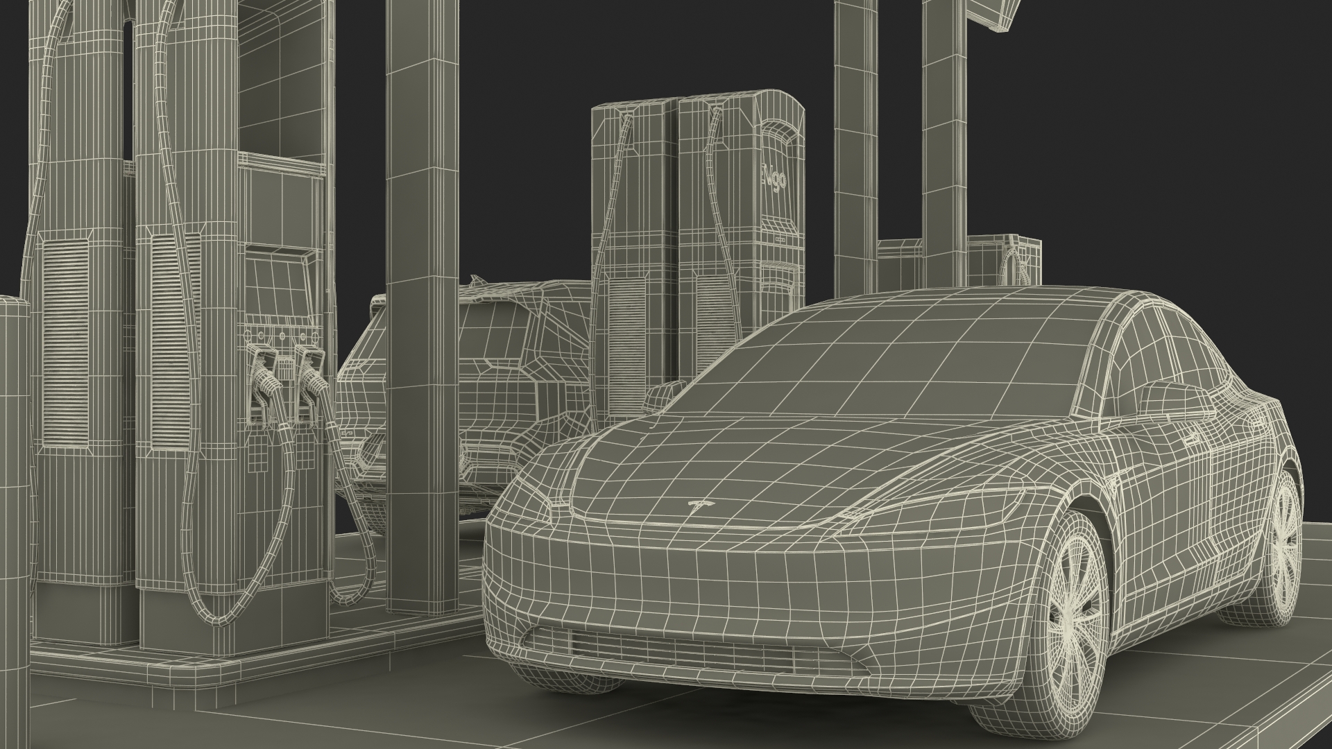 Electric Charging Station with KIA and Tesla Cars 3D model