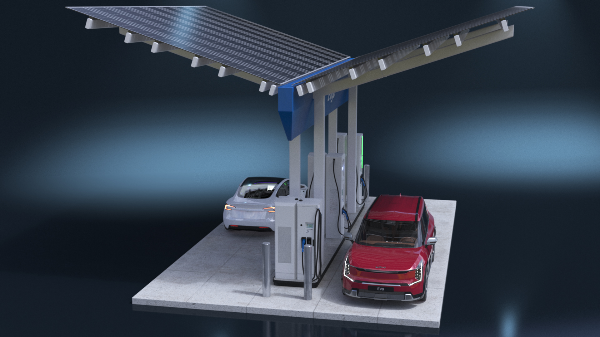 Electric Charging Station with KIA and Tesla Cars 3D model