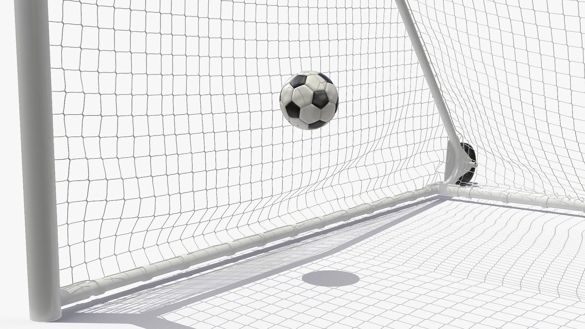 3D Animated Soccer Ball Flies into Goal Net Slowmotion