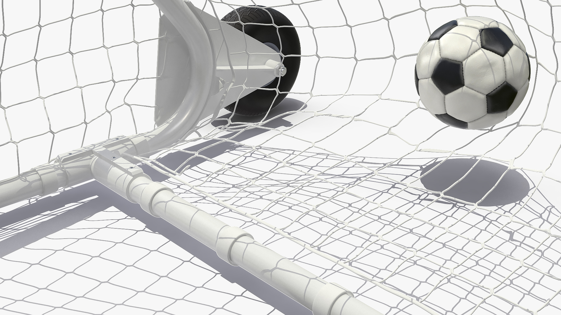 3D Animated Soccer Ball Flies into Goal Net Slowmotion