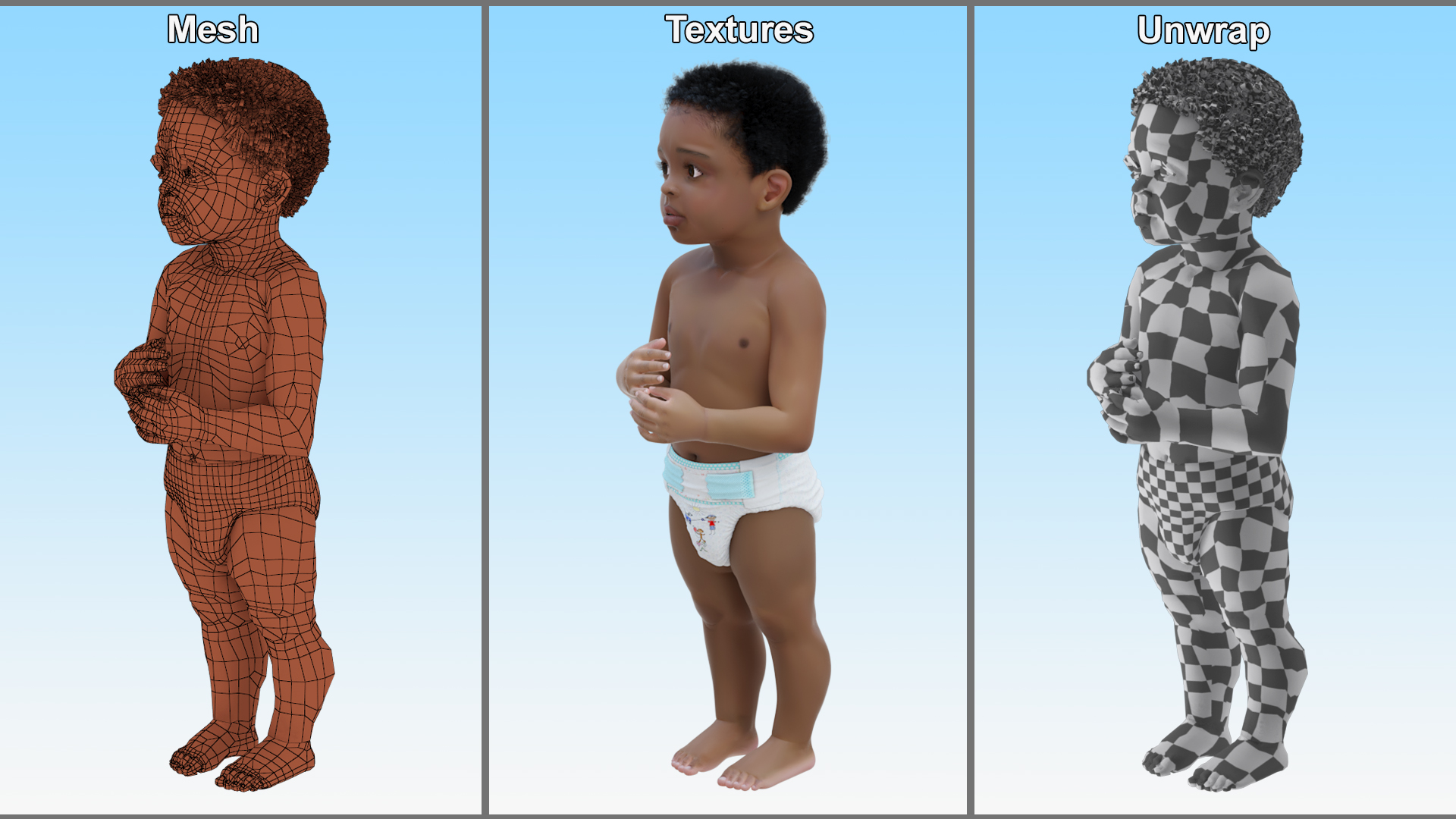 Toddler Black Boy Light Skin in Diaper Standing 3D