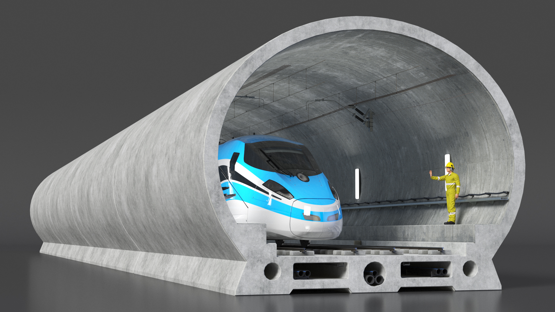 Railway Tunnel Section with Train and Worker 3D model