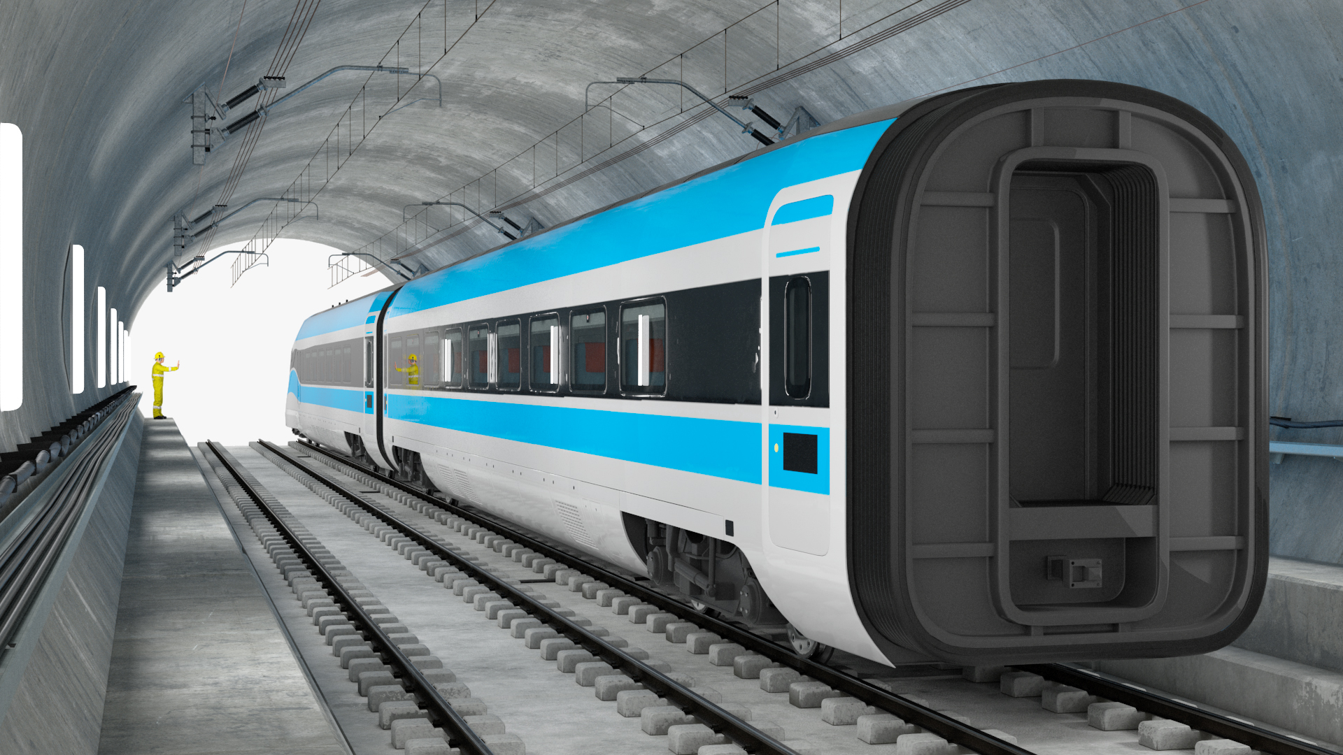 Railway Tunnel Section with Train and Worker 3D model