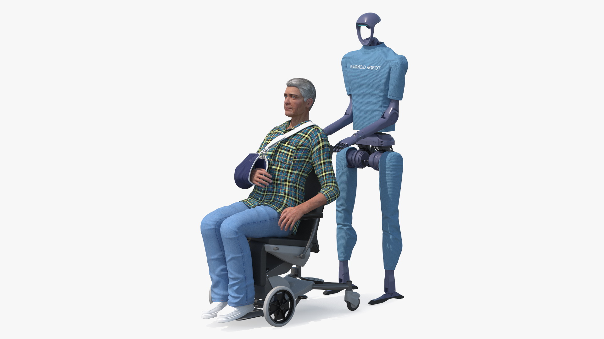 3D model Elderly Man in Wheelchair with Humanoid Robot Assistant