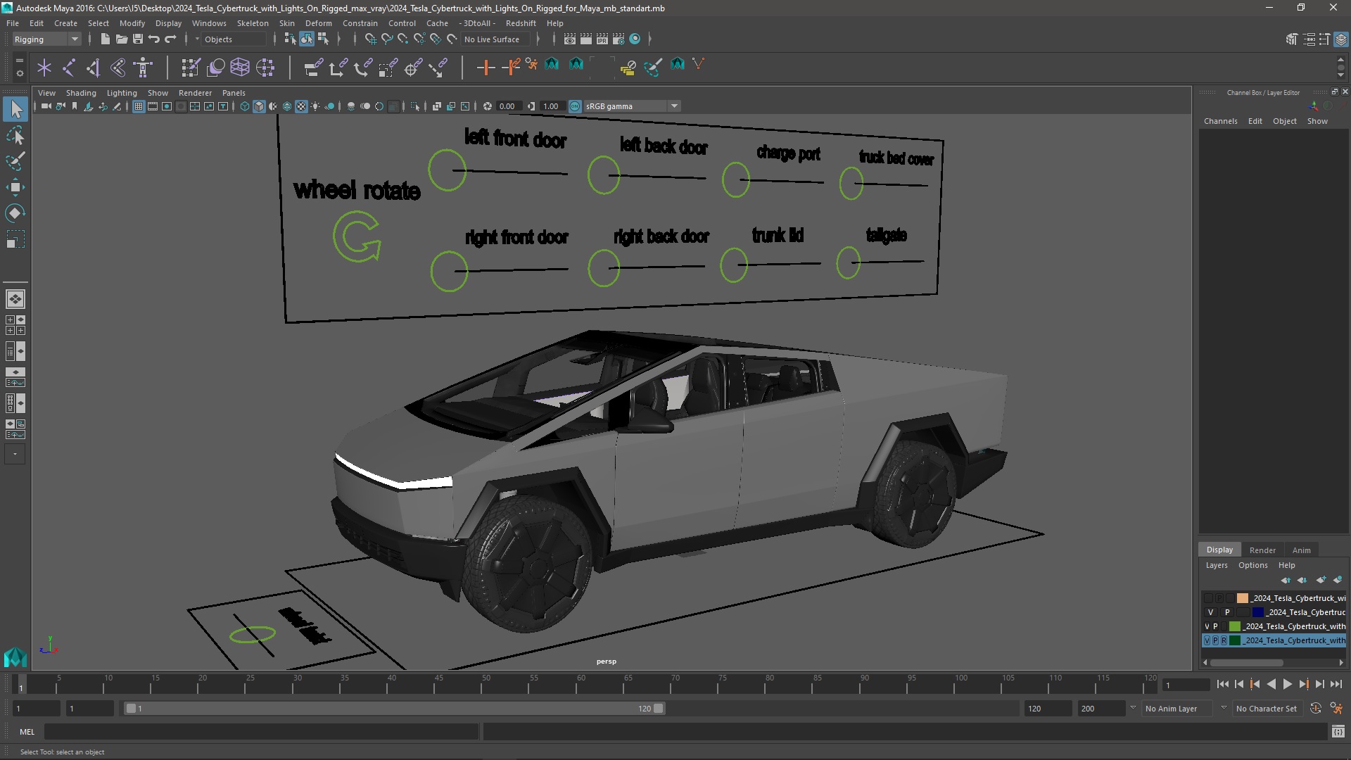 2024 Tesla Cybertruck with Lights On Rigged for Maya 3D