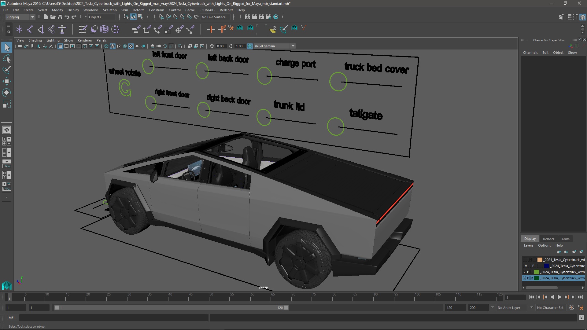 2024 Tesla Cybertruck with Lights On Rigged for Maya 3D