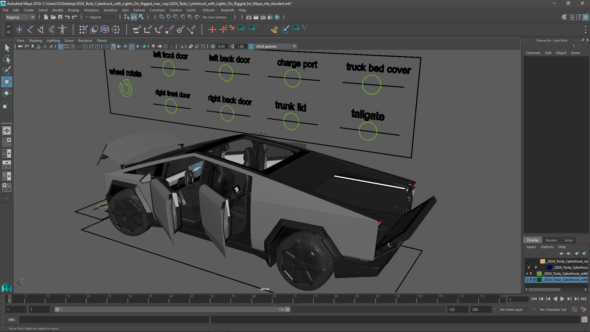 2024 Tesla Cybertruck with Lights On Rigged for Maya 3D