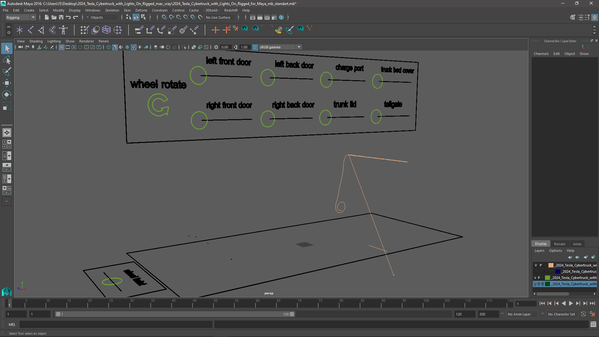 2024 Tesla Cybertruck with Lights On Rigged for Maya 3D