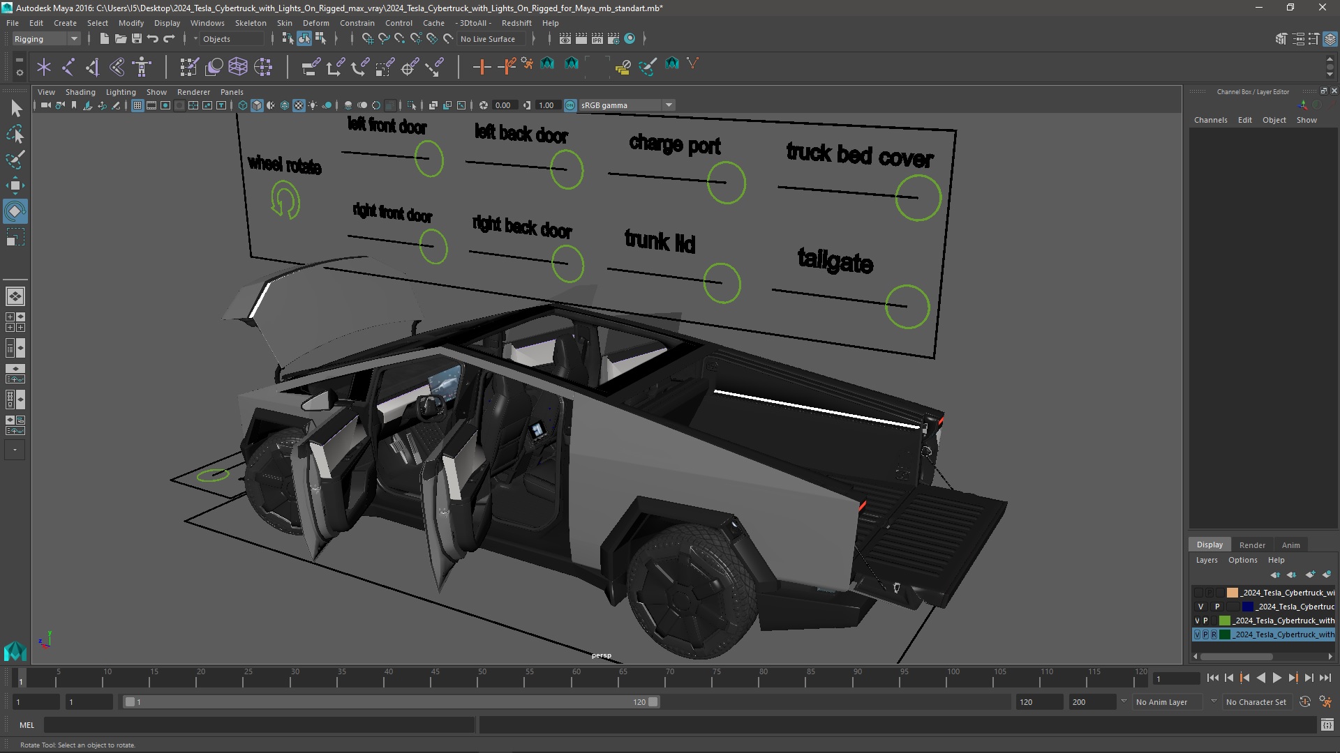 2024 Tesla Cybertruck with Lights On Rigged for Maya 3D