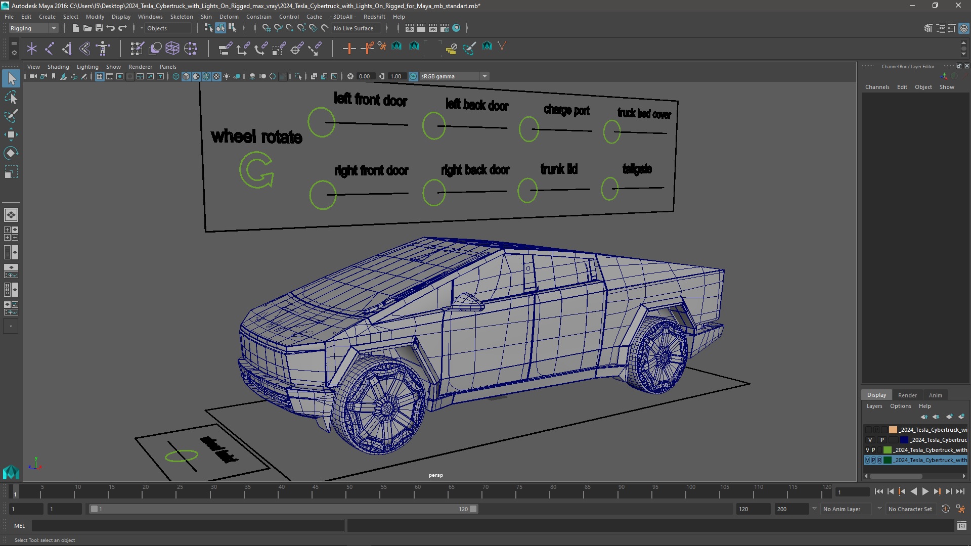 2024 Tesla Cybertruck with Lights On Rigged for Maya 3D