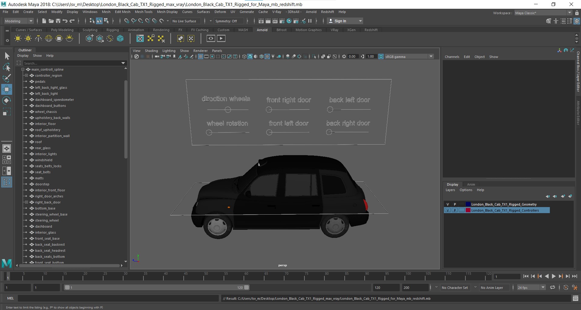 3D London Black Cab TX1 Rigged for Maya