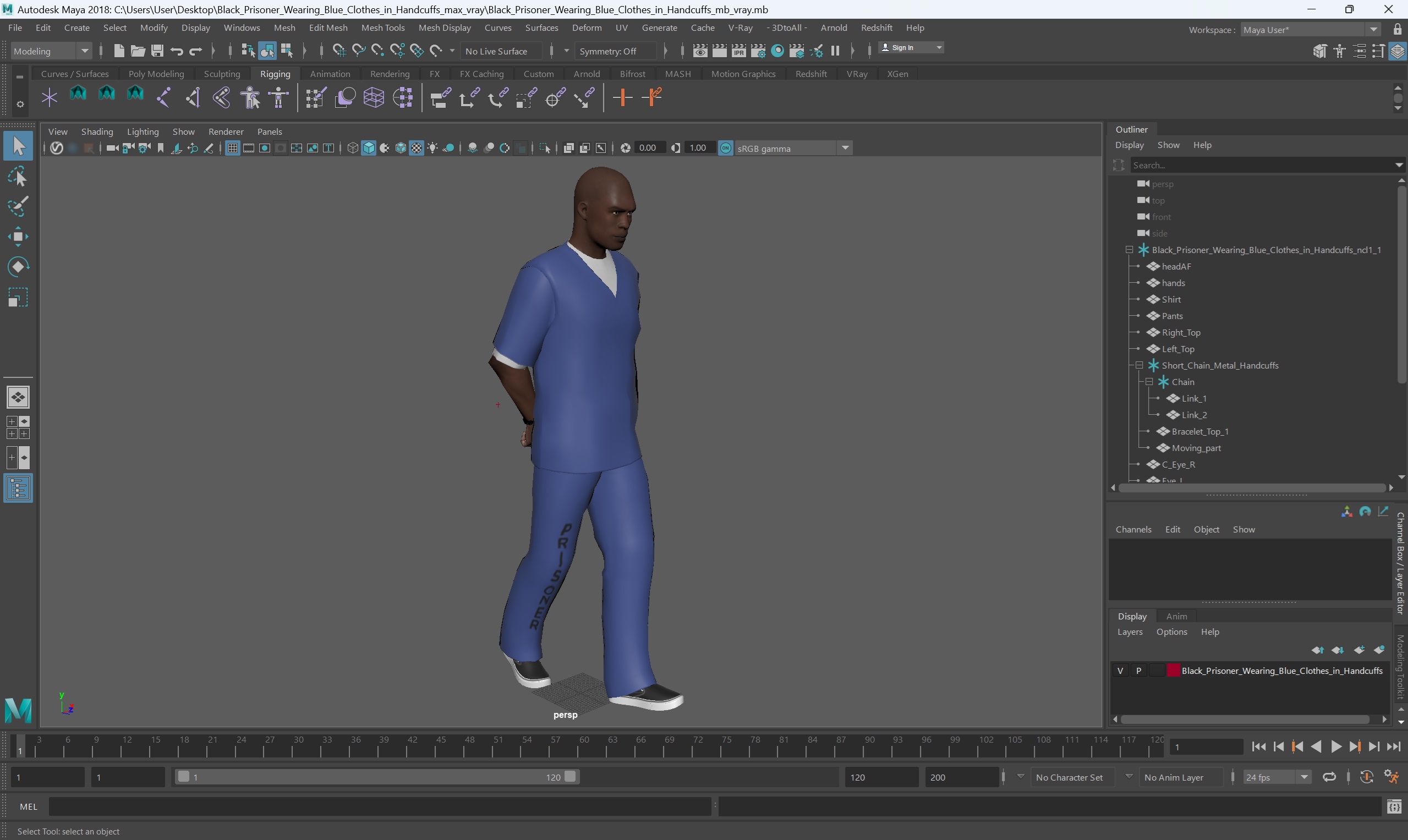 3D Black Prisoner Wearing Blue Clothes in Handcuffs model