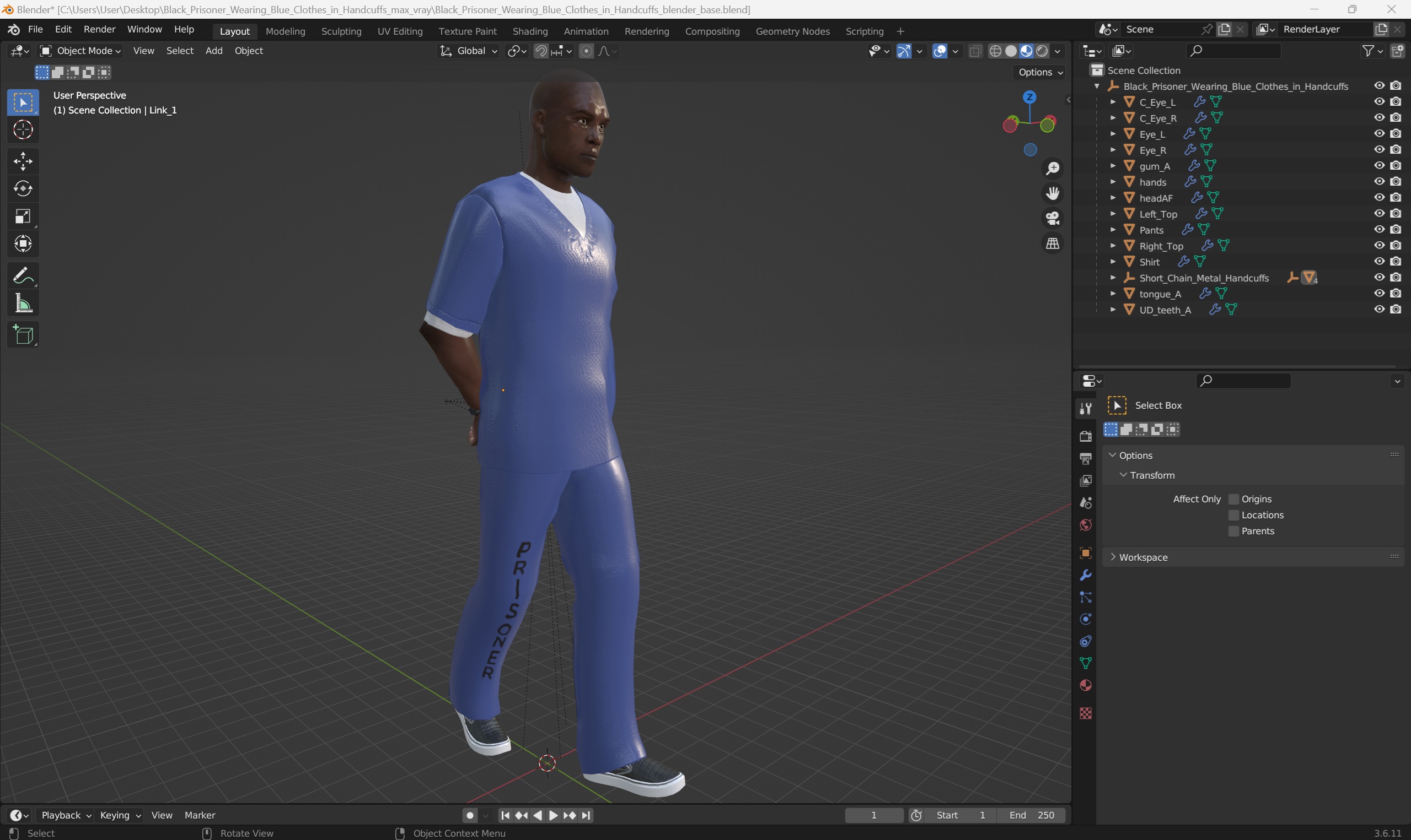 3D Black Prisoner Wearing Blue Clothes in Handcuffs model