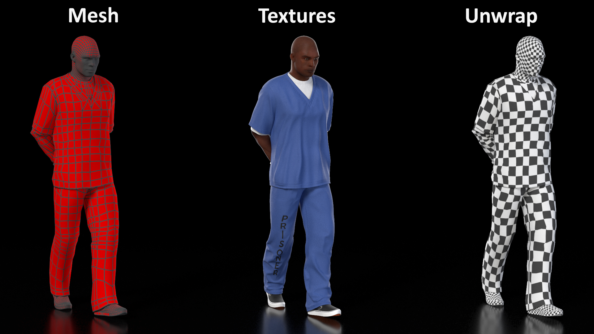 3D Black Prisoner Wearing Blue Clothes in Handcuffs model