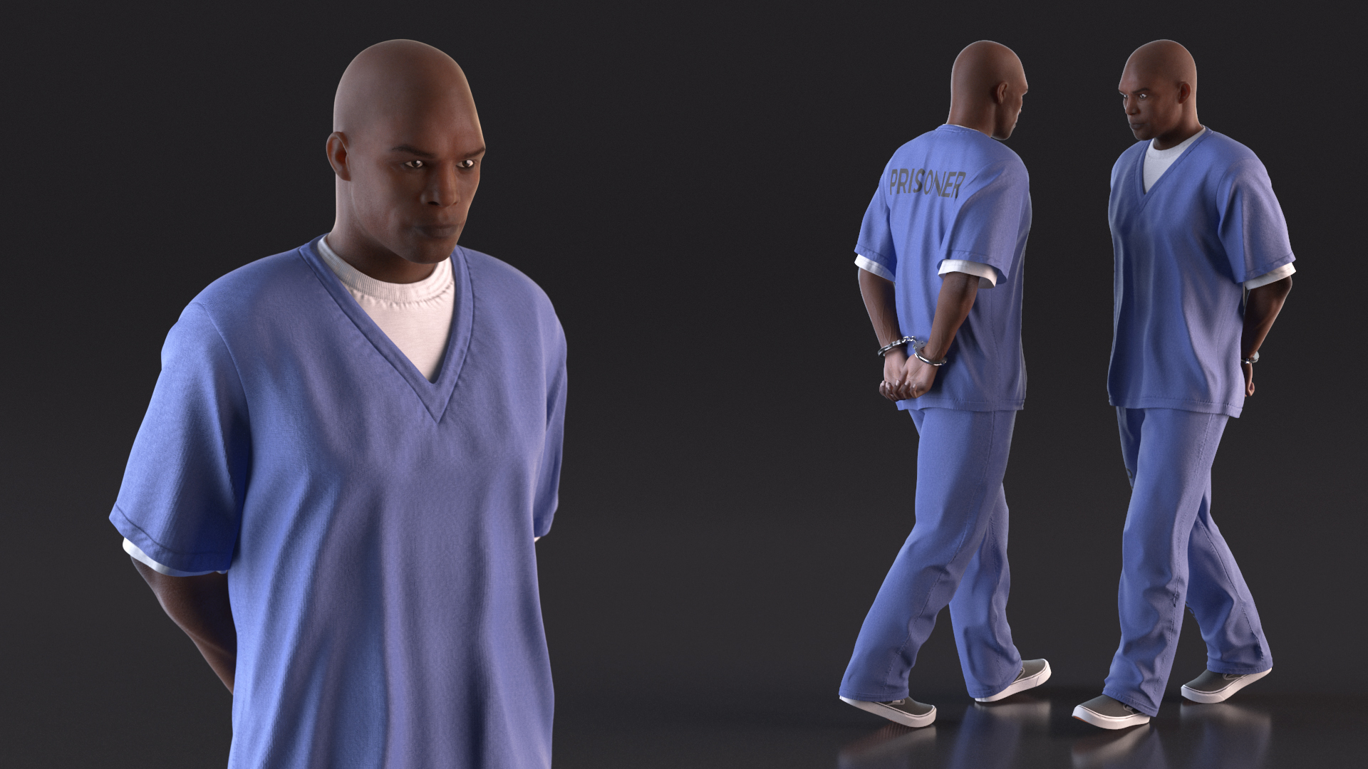 3D Black Prisoner Wearing Blue Clothes in Handcuffs model