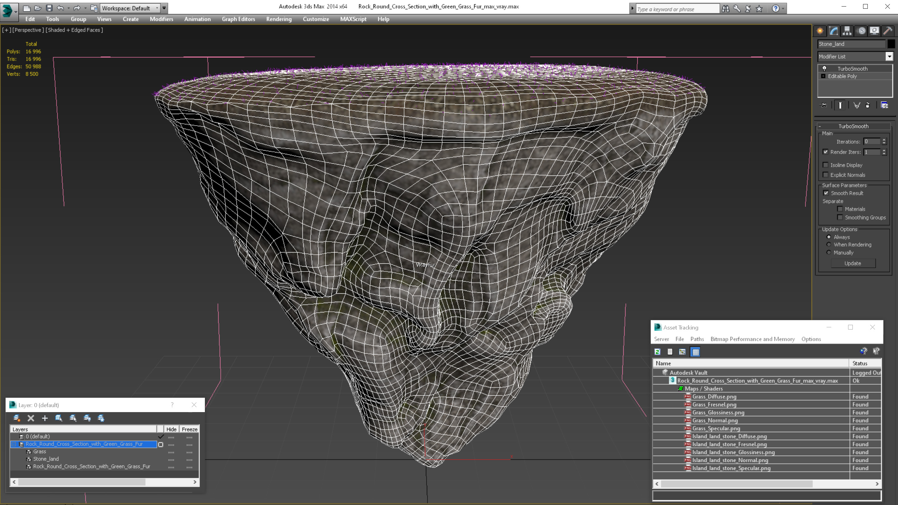 3D model Rock Round Cross Section with Green Grass Fur