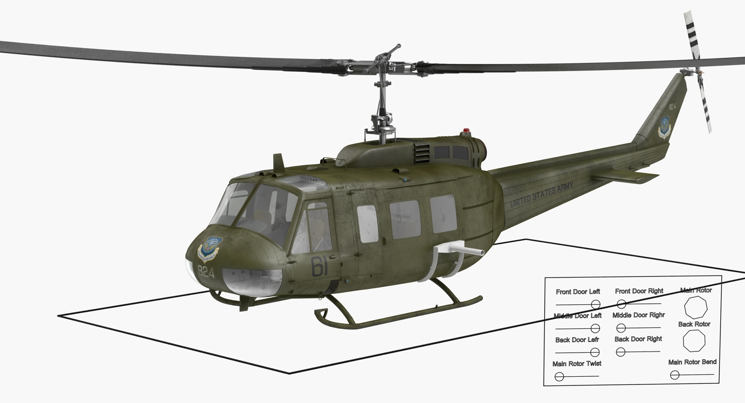 3D Military Utility Helicopter Bell UH 1 Iroquois Rigged model