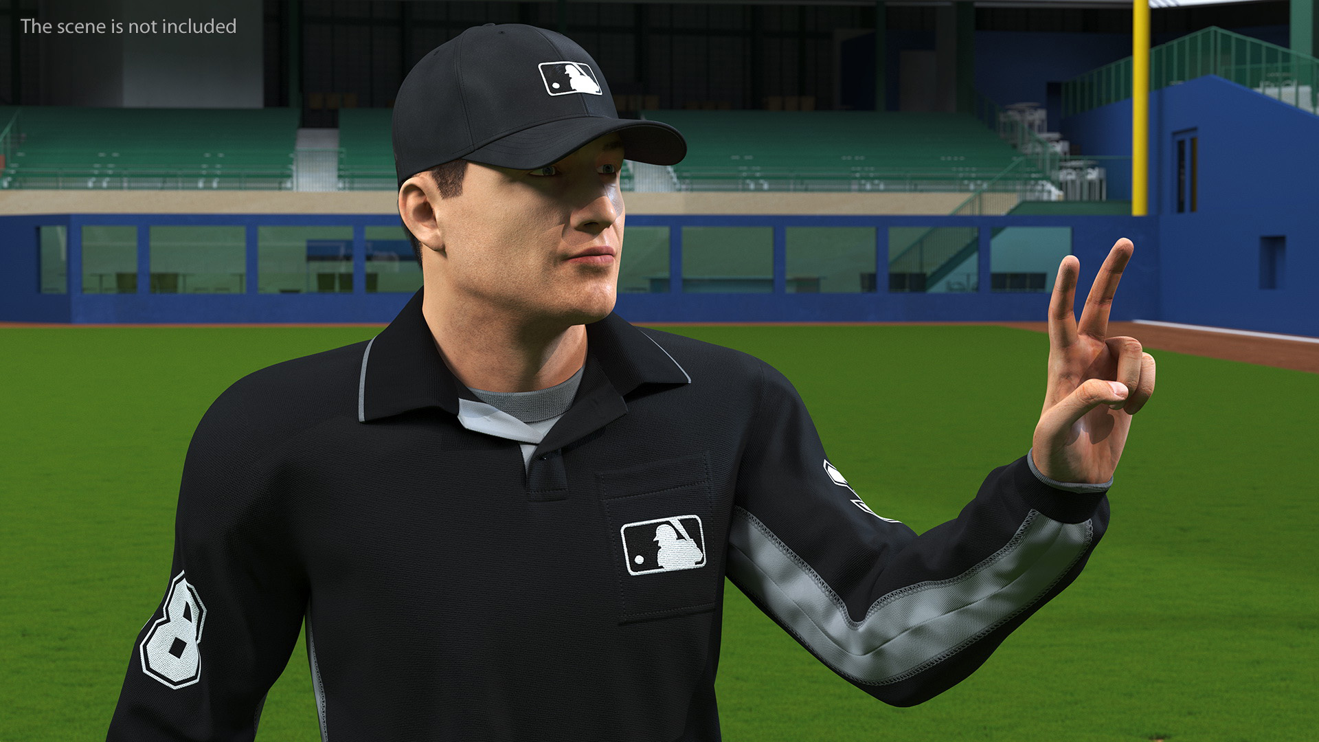 3D Baseball Umpire in Cap Showing Points Fur