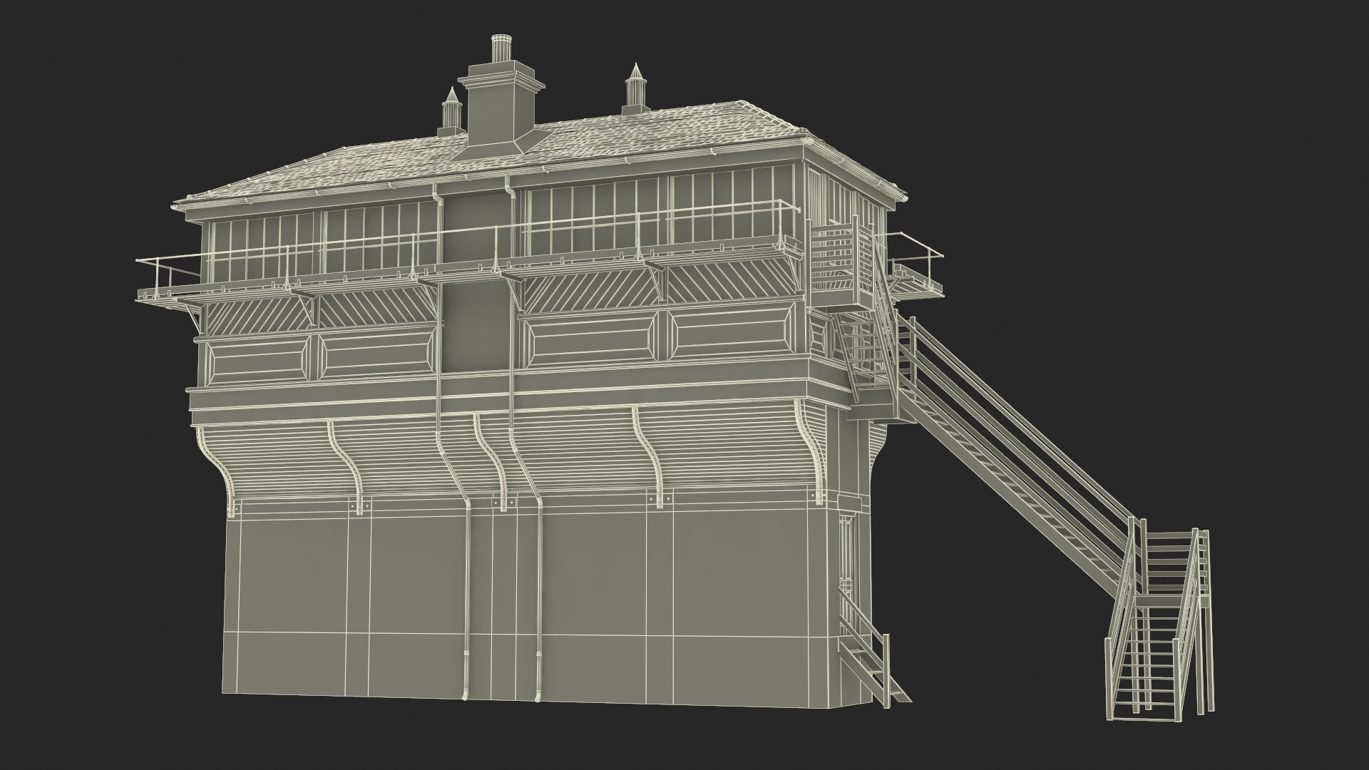 Train Signal Box with Direct Railway Section 3D model