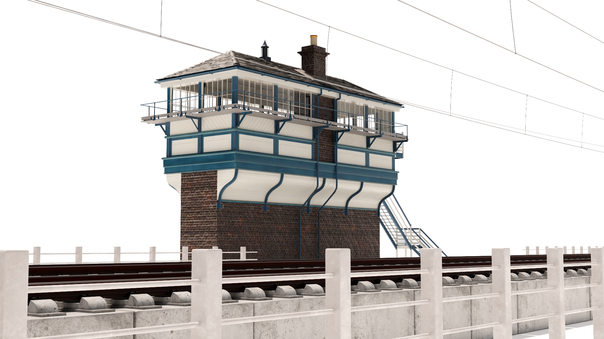 Train Signal Box with Direct Railway Section 3D model