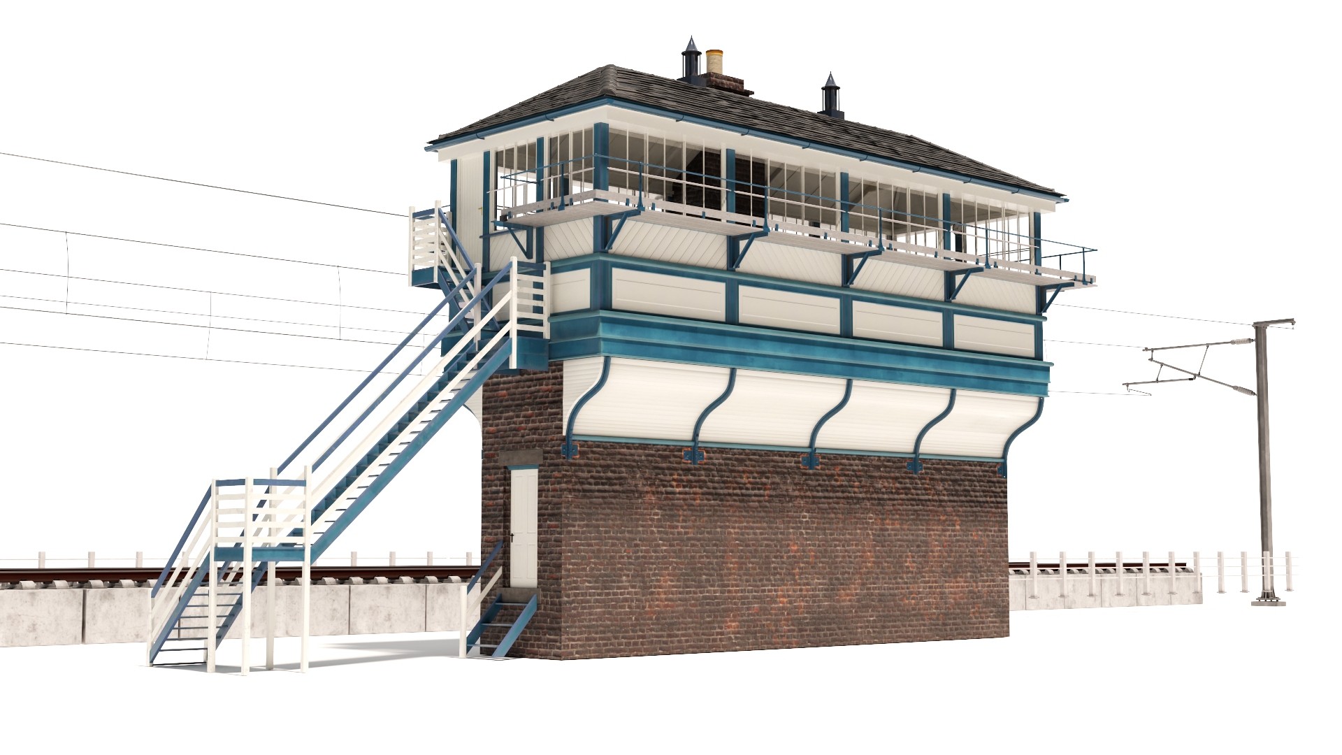 Train Signal Box with Direct Railway Section 3D model