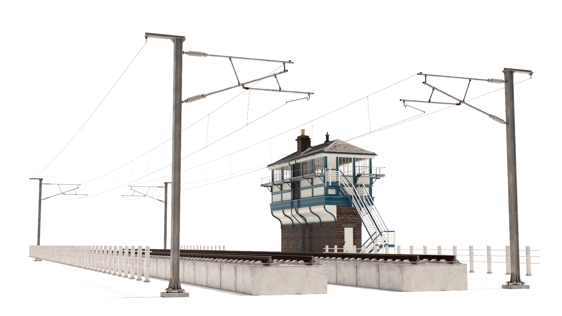 Train Signal Box with Direct Railway Section 3D model