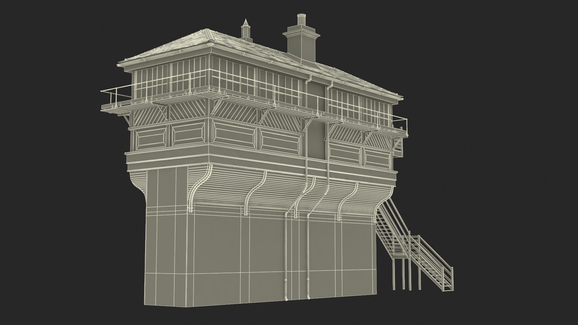 Train Signal Box with Direct Railway Section 3D model