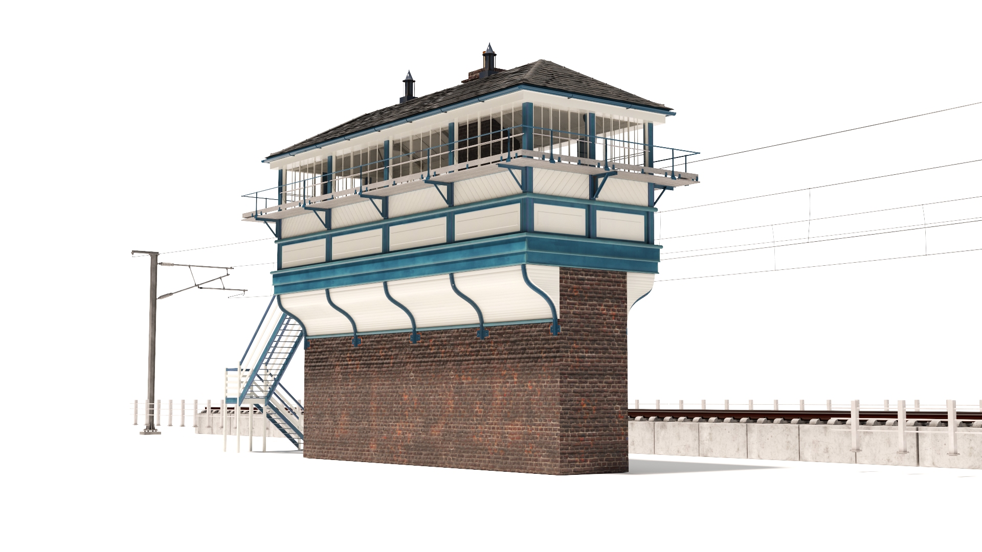 Train Signal Box with Direct Railway Section 3D model