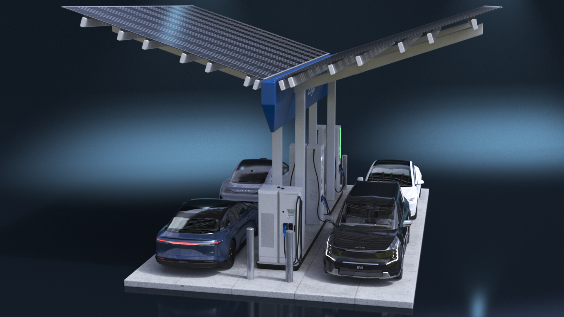 3D model Tesla KIA Xiaomi and Lucid Cars at Electric Charging Station