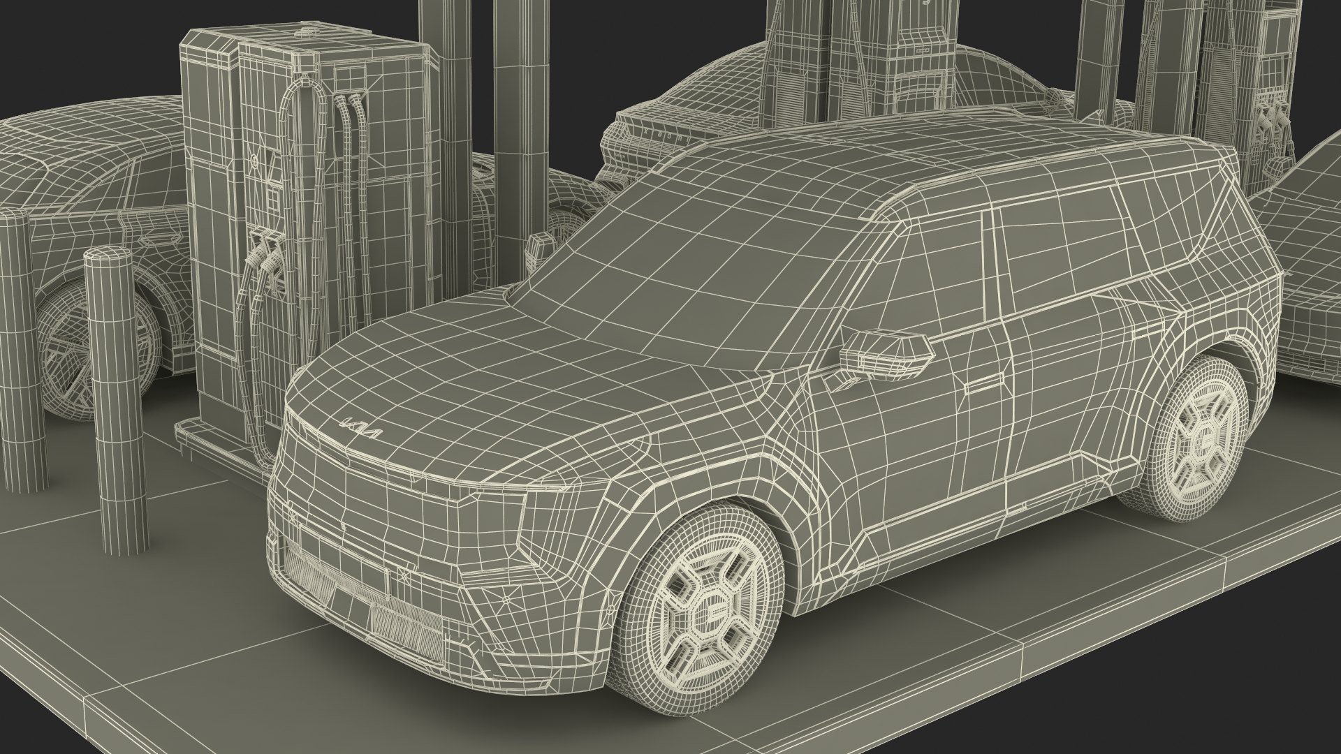 3D model Tesla KIA Xiaomi and Lucid Cars at Electric Charging Station