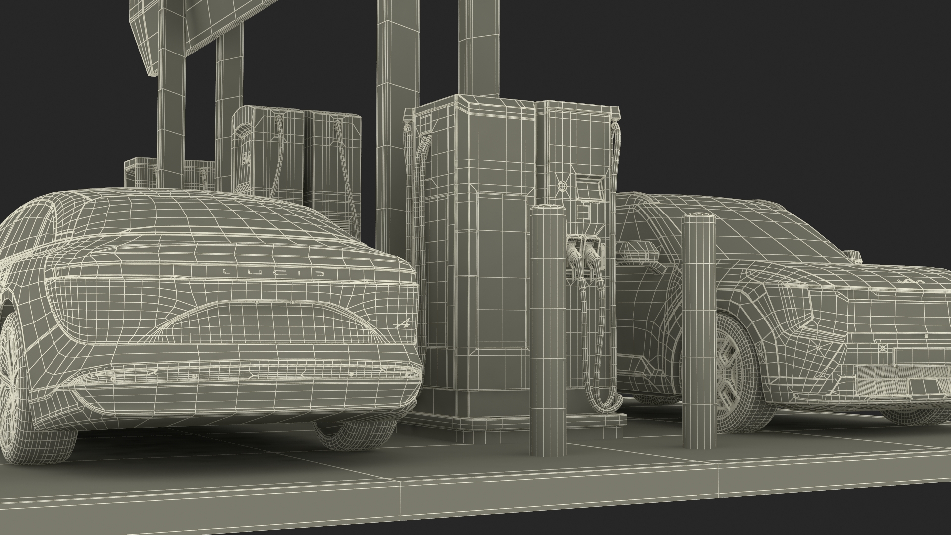 3D model Tesla KIA Xiaomi and Lucid Cars at Electric Charging Station