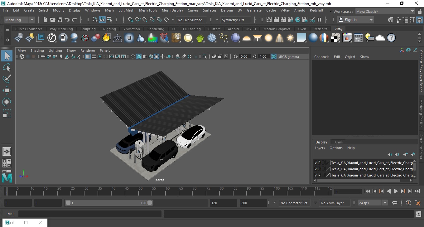 3D model Tesla KIA Xiaomi and Lucid Cars at Electric Charging Station