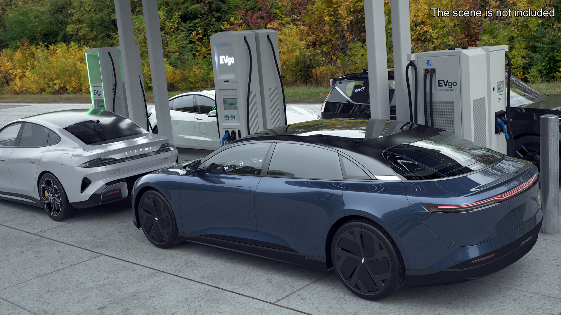 3D model Tesla KIA Xiaomi and Lucid Cars at Electric Charging Station